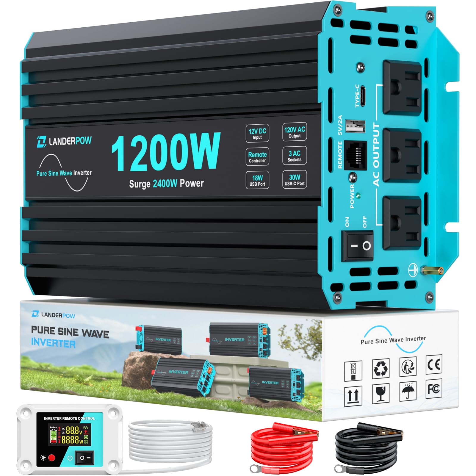 Photo 1 of LANDERPOW 1200 Watt Pure Sine Wave Inverter, Power Inverter for Car, Camping, Solar, RV, Truck, Home, 12V DC to 120V AC Inverters with 3 AC Outlet, 30W USB-C, 5V 3.1A USB, Remote Control, Surge 2400W