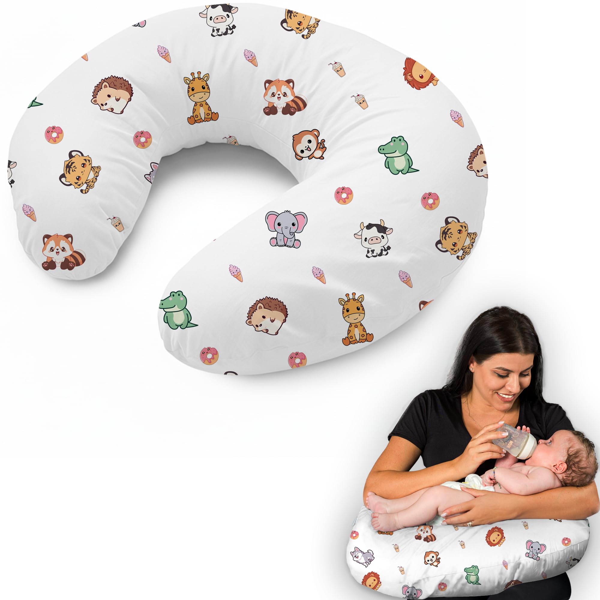 Cuscino Allattamento e Gravidanza Ciambella Allattamento Neonato con Federa in 100% Cotone e Morbido Riempimento Supporto Ergonomico alla Schiena Idea Regalo per Neo Mamme Accessorio Premaman Lavabile