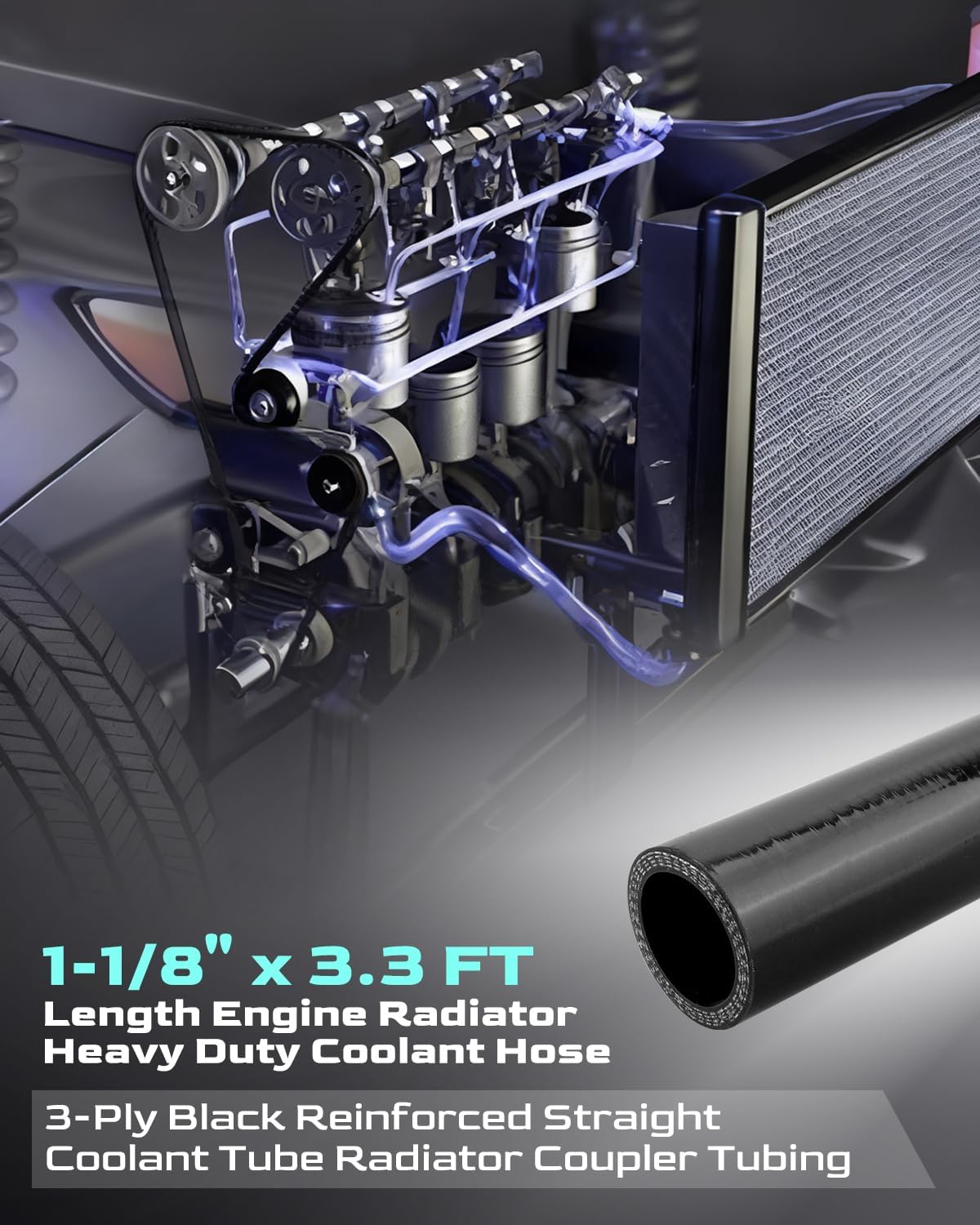 1-1/8" x 3.3 FT Length Engine Radiator Heavy Duty Coolant Hose 3-Ply Black Reinforced Straight Coolant Tube Radiator Coupler Tubing