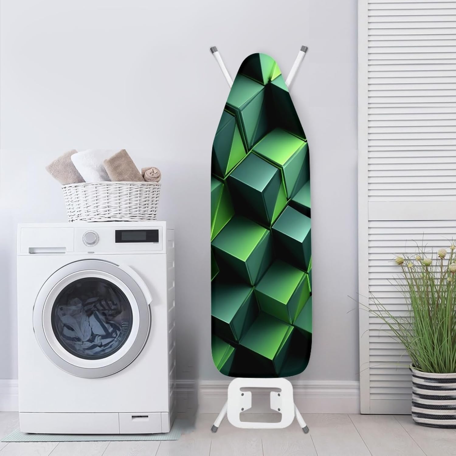 Ironing Board Cover 14x48 Green Black Cube Iron Board Cover with Padding Heat Reflective,Scorch Resistant Thick Padding,Snug Fit Non-Slip Nose Pocket Fastener Straps Elastic Edges