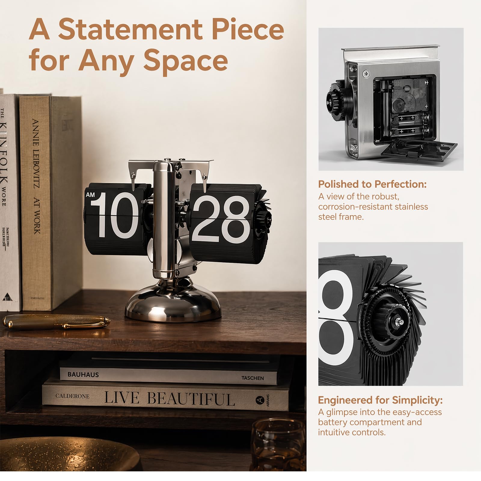 Reloj de escritorio con tapa y mecanismo de engranaje para casa y oficina, color negro