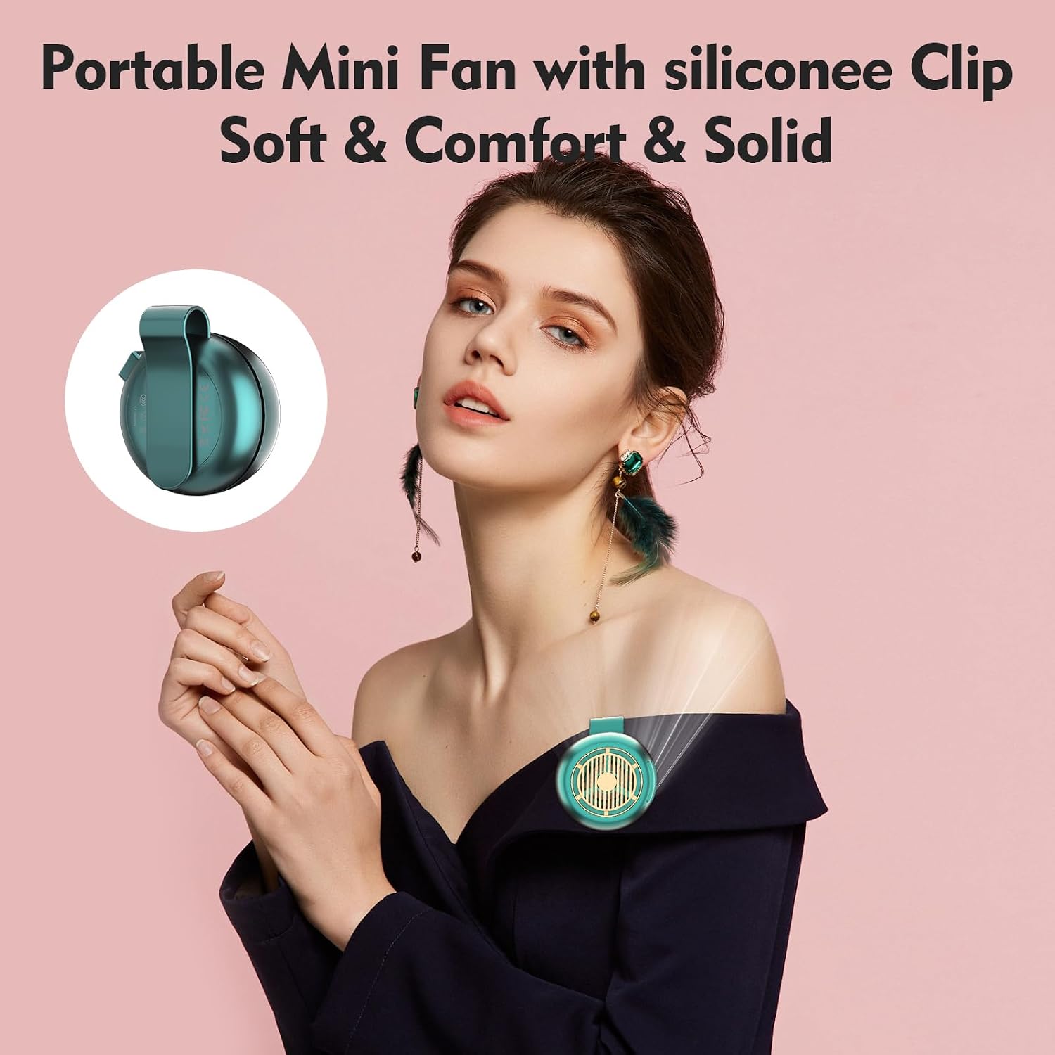 Portable Silent Mini Bladeless Electric Fan,Small fan Clip on for Shirt & Waist,2026 New Mini Bladeless Fan Clip On,Adjustable 3-Speed For Outdoor & Travel & Office,Gift (green with display) image 3