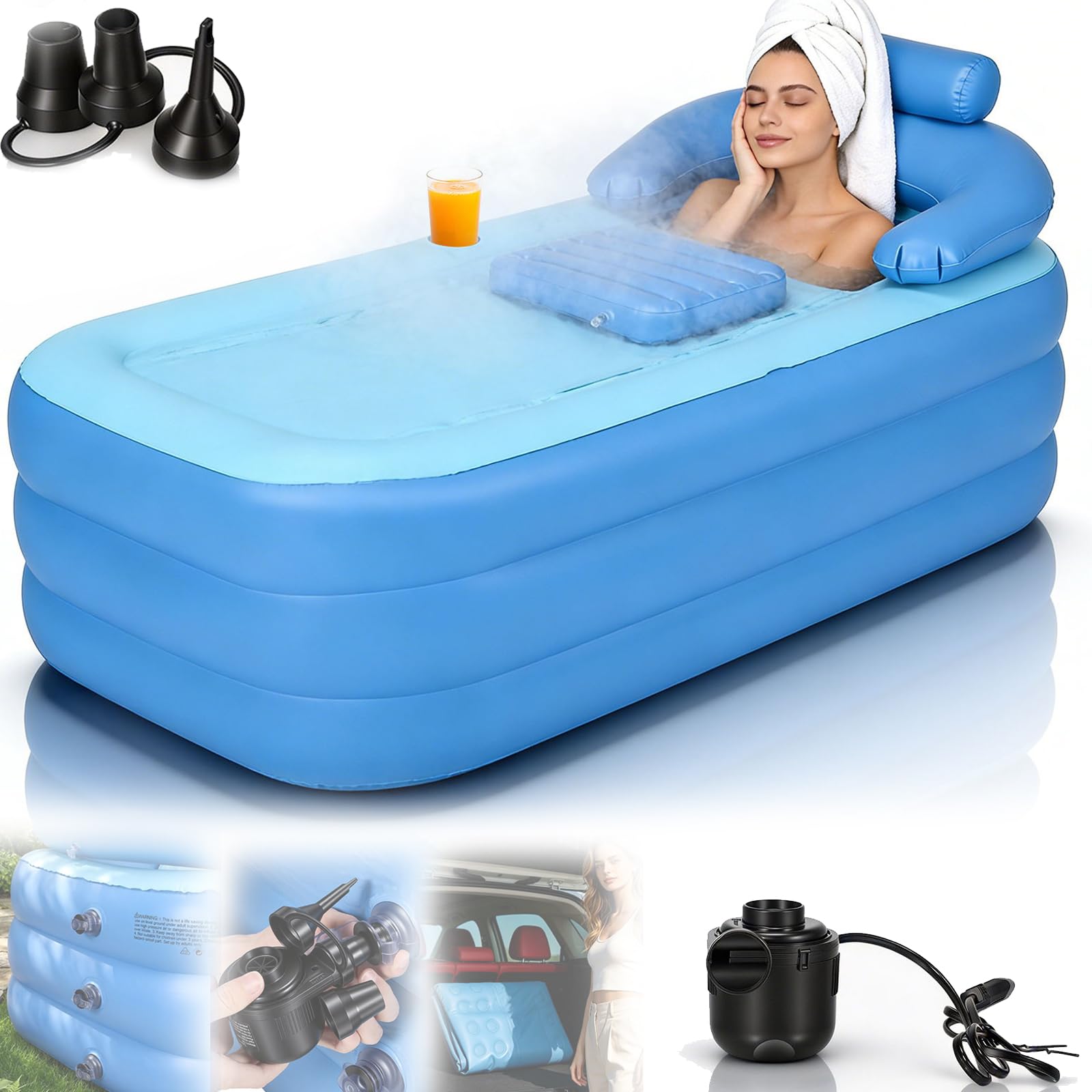 Vasca Bagno Gonfiabile, XL 160x84x74Cm Vasca Bagno Portatile Pieghevole asca Bagno Mobile Pieghevole Per Adulti Con Cuscino Supporto Per Schiena Include Portabevande Per Spa Ghiaccio Campeggio