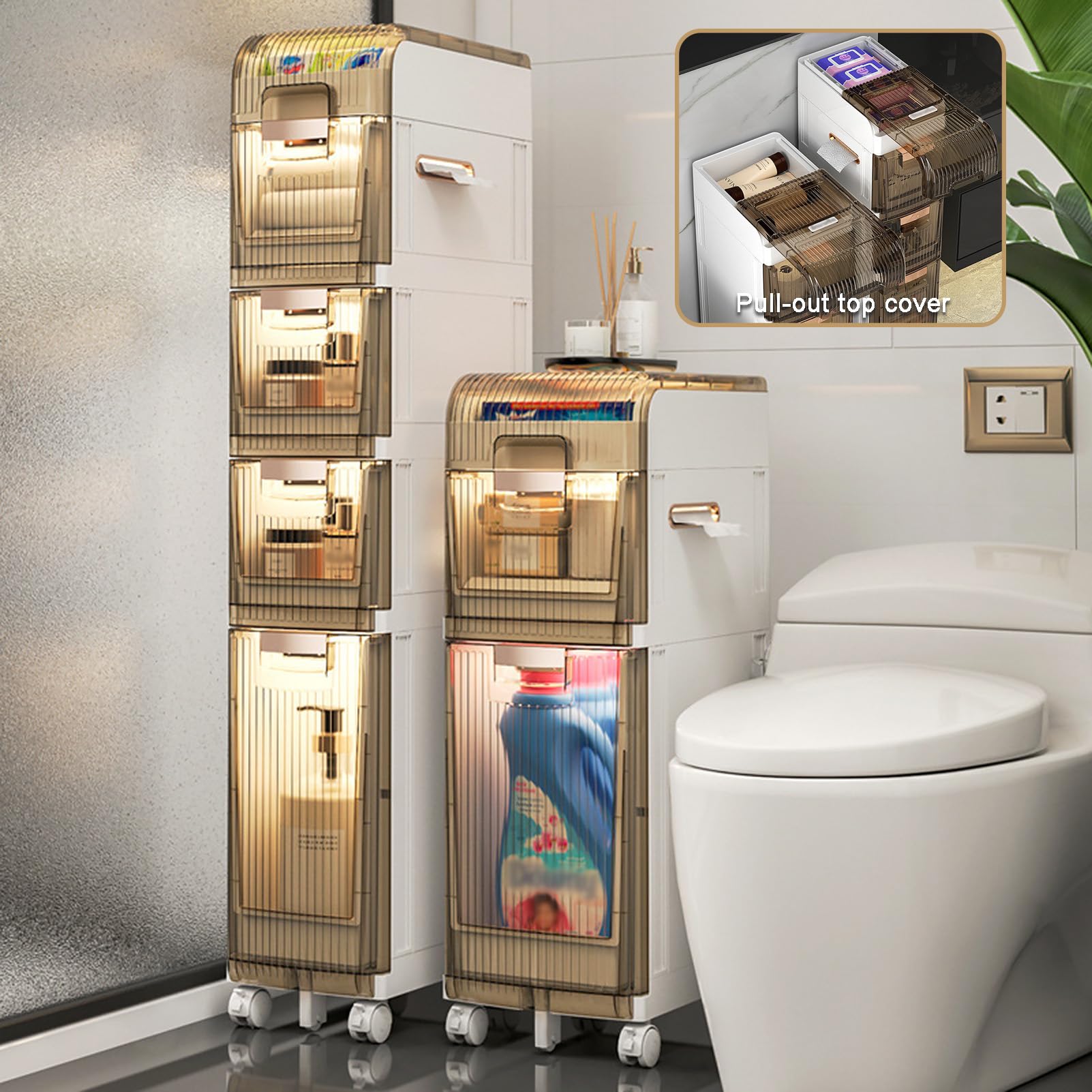 Armario de almacenamiento de baño con cajones y estantes de 3 niveles, color blanco, de pie, alto, estrecho, almacenamiento de esquina para baño pequeño