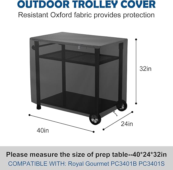 Outdoor Prep Table Cover with Split Zipper,100x60x80cm Waterproof Dining Cart Table Cover,for Royal Gourmet Double-Shelf Dining Cart Table