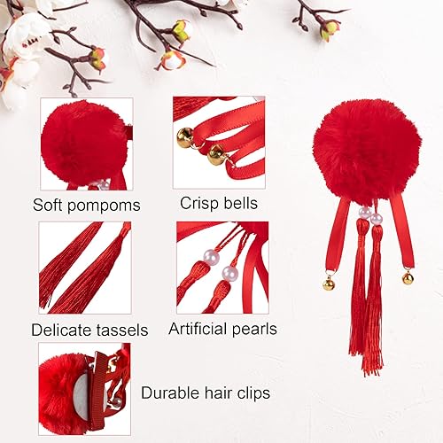 Miniatura 6 de 6 pares de pinzas para el pelo de Año Nuevo chino para niñas  Pasadores de pelo con borla china con bolas peludas, lazos rojos, horquillas de estilo