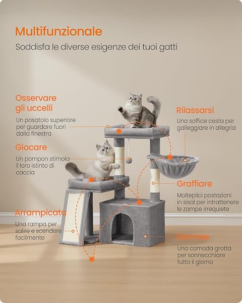 Feandrea PCT013GD01 Cat Tree with 2 Large Beds, Scratching Post and Scratching Ramp, Height 86 cm, Grey Taupe - 3