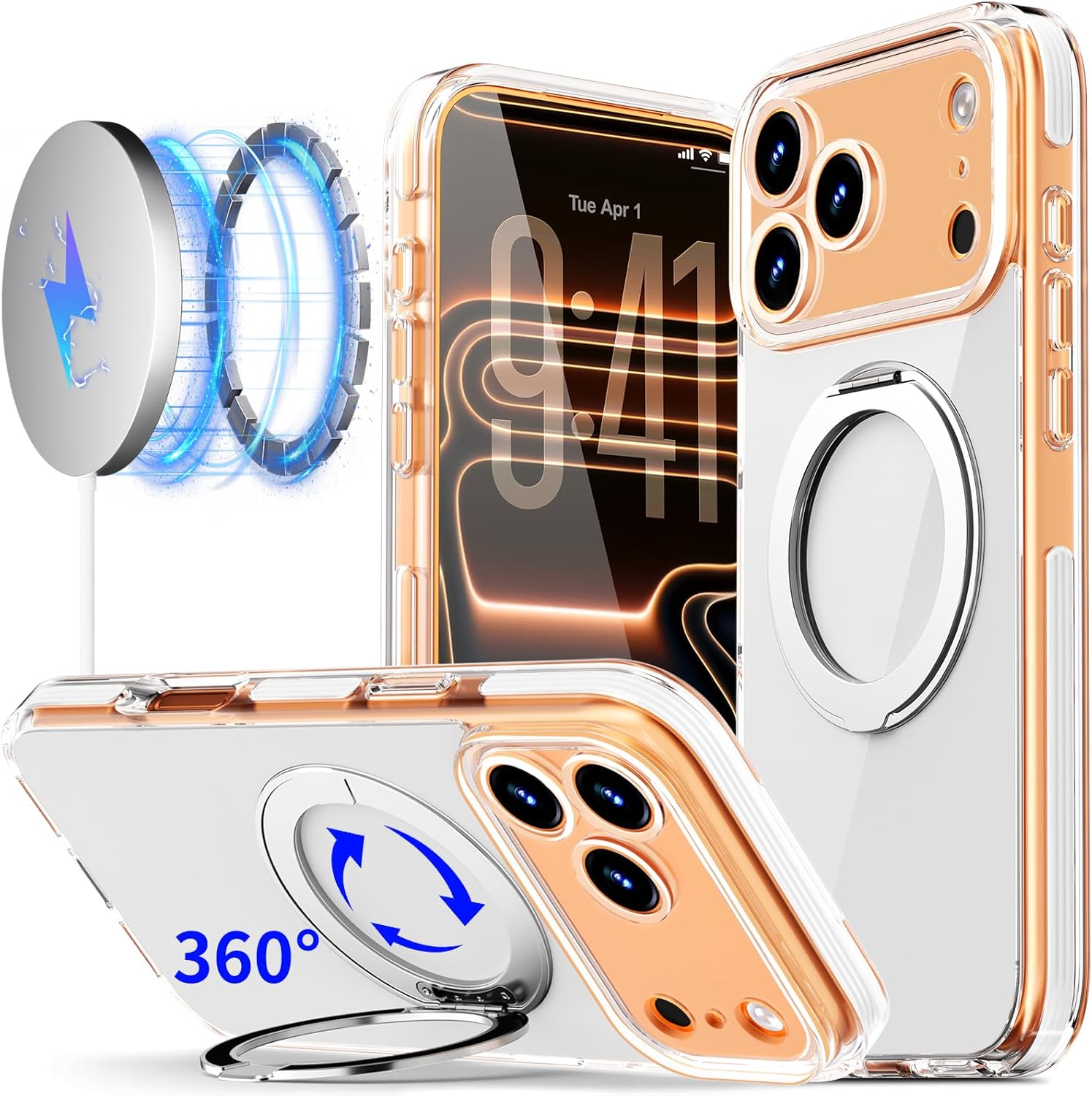 COOLQO 360°Spin Magnetic Stand for iPhone 17 Pro Max Case, Fit for MagSafe, Military-Grade Protection,Full Camera Protection, Non-Yellowing Clear Scratch-Resistant Back Cover for 17 Pro Max, White