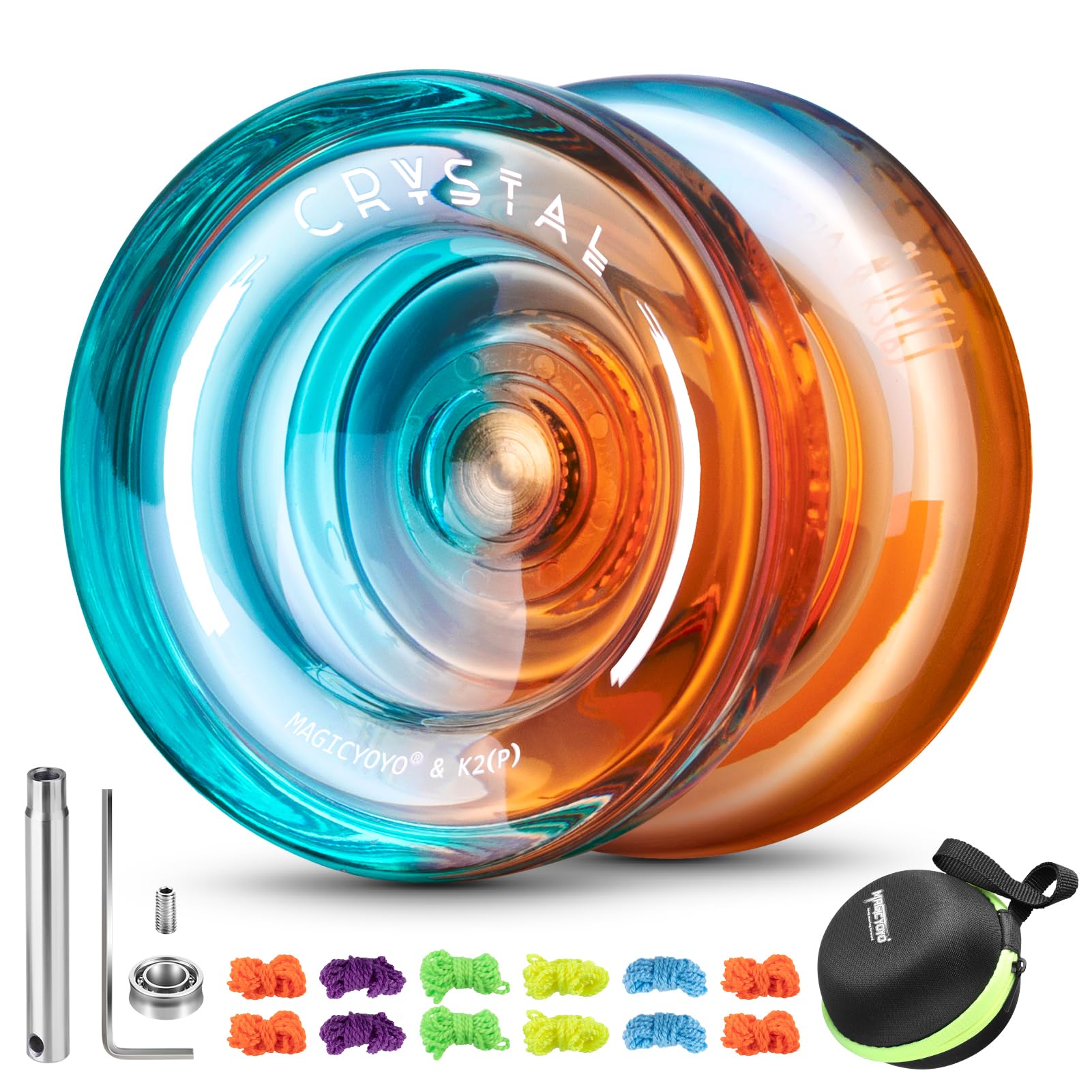 Crystal Responsive Yoyo K2, Dual Purpose Yo-Yo for Kids and Beginner, Professional Trick for Finger Spin, Plastic Unresponsive Yoyo with 12 Strings, Bearing Kit, Case (Blue Orange)