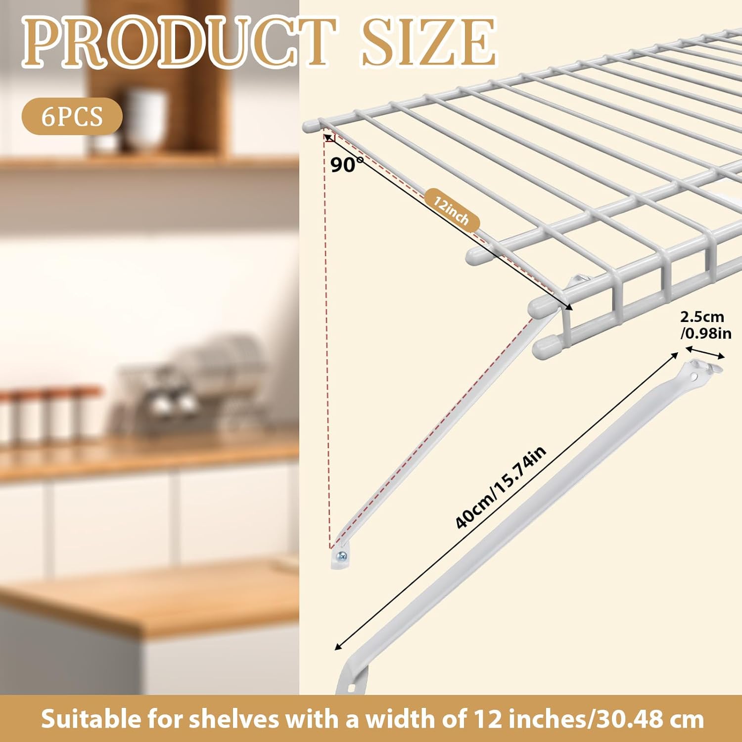 6 Pack Wire Shelf Brackets 12 Inch Closet Rack Wall Mount Shelving Accessories Installation Support Brackets with Anchors and Screws for Wardrobe and Wall Bracket