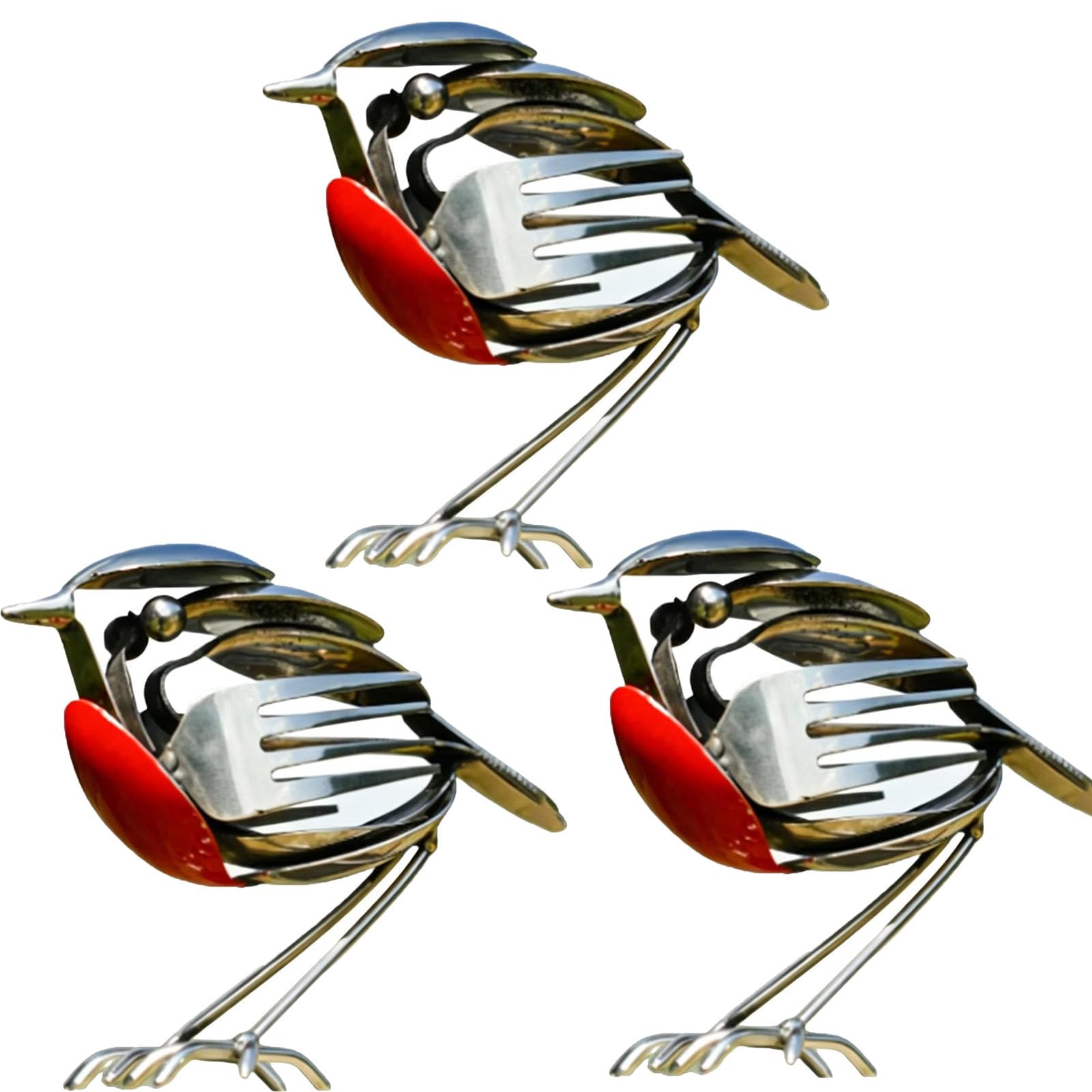 Everydries 3P Robin Bird Statue, Handmade Recycled Fork And Spoon Scrap Metal Art, Rustic Red Chest Robin Figurine, For Garden, Patio, Or Office Desk (3P)