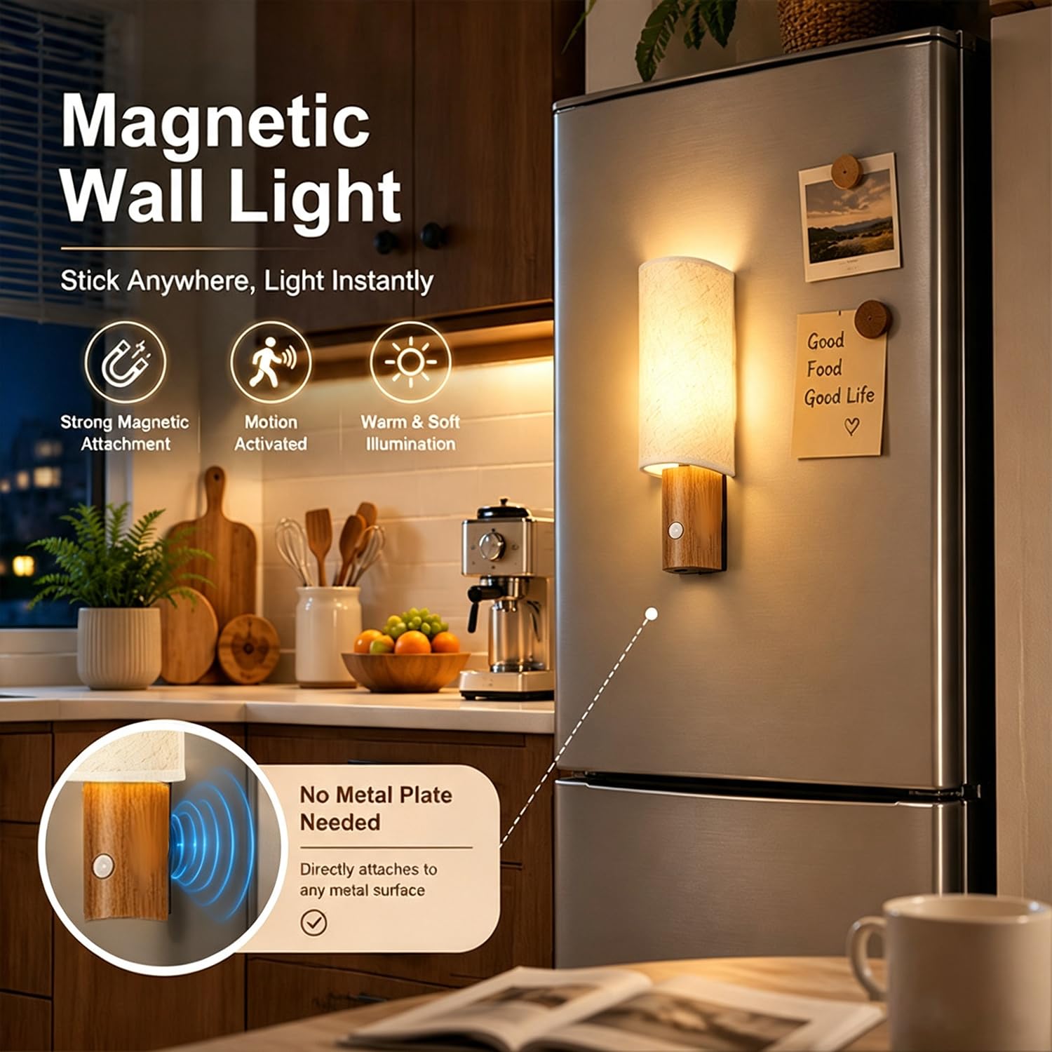 Aplique sin Conexión eléctrica de madera con LED Iluminación para Escaleras a Batería Inalámbrico con sensor de movimiento Recargable por USB 3600 mAh 4000K iluminación hacia arriba y hacia abajo