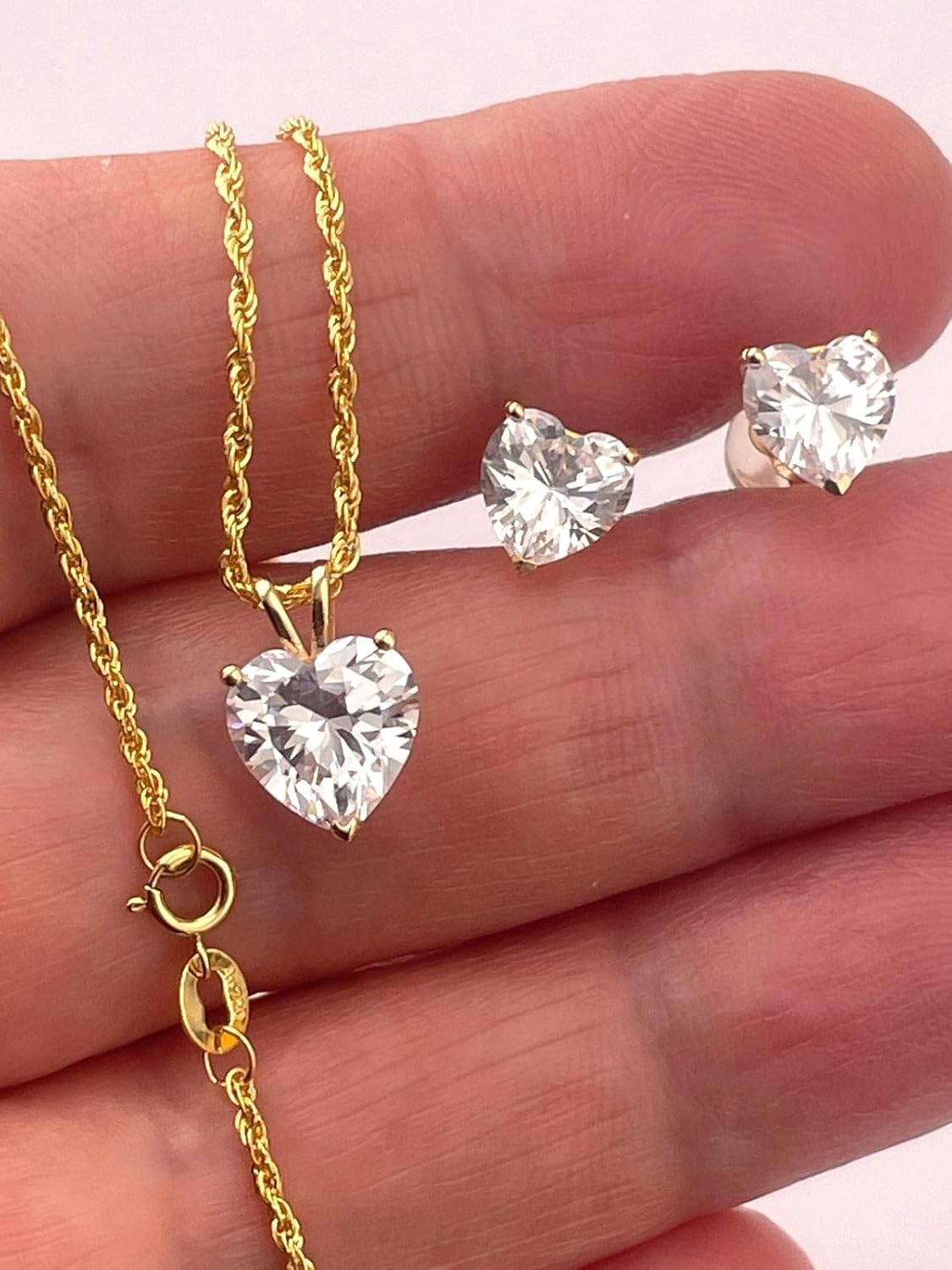 Exquisite SOLID 18k Yellow Gold Diamond Earrings and Necklace SET for women 3.5 carat Diamond Jewelry Love Heart Shaped Pendant Necklace Rope 18" Stud Diamond Heart Stud Earrings HANDMADE Jewellery - Image 3