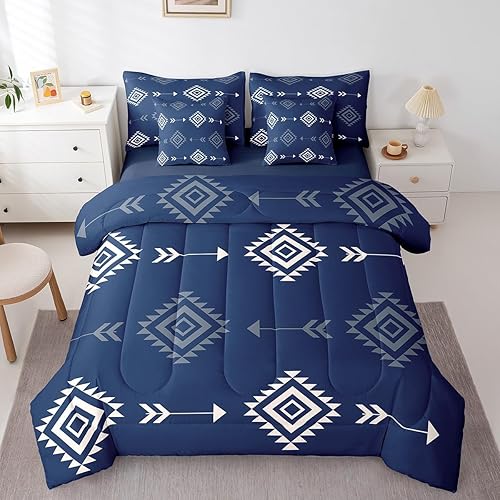 Feelyou Blue Western 7 Piece Bedding Set Full Size Kids Southwestern Aztec Triba