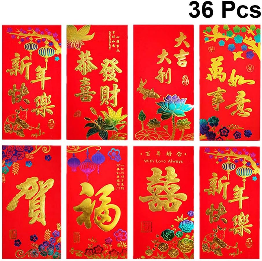 NUOBESTY Chinese Red Envelope New Year Red Packet Lai See Hong Bao Lucky Money Holder Traditional for Wedding Graduation Festival Birthday 2020 Kids 36pcs Random Pattern - Image 3