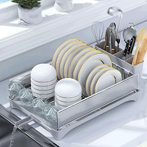 Dish Drying Rack, Stainless Steel Rustproof Dish Rack for Kitchen Counter, Sturdy Dish Drainer with Drainboard, Drainage, Utensil Holder for Various Kitchenware, 16.2"(L) x 12.6"(W),Dark Gray