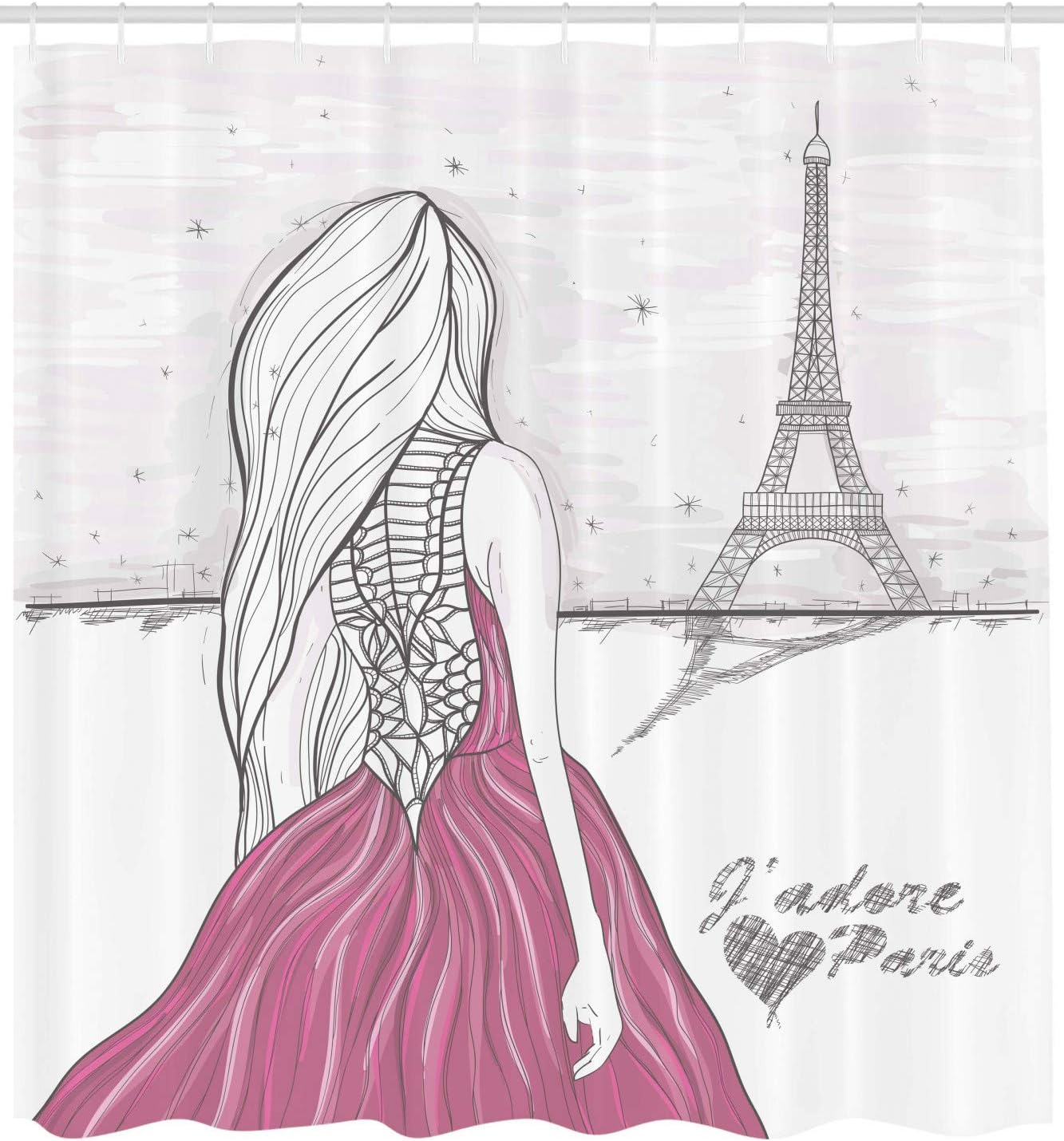 Ambesonne Paris Shower Curtain, Romantic Dramatical Lady Looks at The Eiffel Tower Love Themed Sketch Drawing Style Illustration, Cloth Fabric Bathroom Decor Set with Hooks, 69" W x 84" L, White Pink