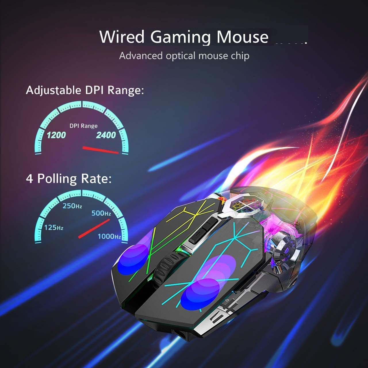 Wireless Bluetooth Gaming Mouse Rechargeable with 7 Button Rainbow RGB Multi Color Breathing Backlit 3 Adjustable DPI Ergonomic Grip Slient Click Power Saving Mode for PC Mac Gamer Officer(StarBlack)