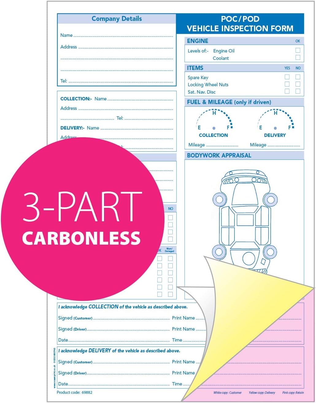 Ocean Pads POC & POD Vehicle Inspection Pad, A4, 3-Parts Triplicate, Carbonless Paper (Product Ref 69882) [Pack 1]