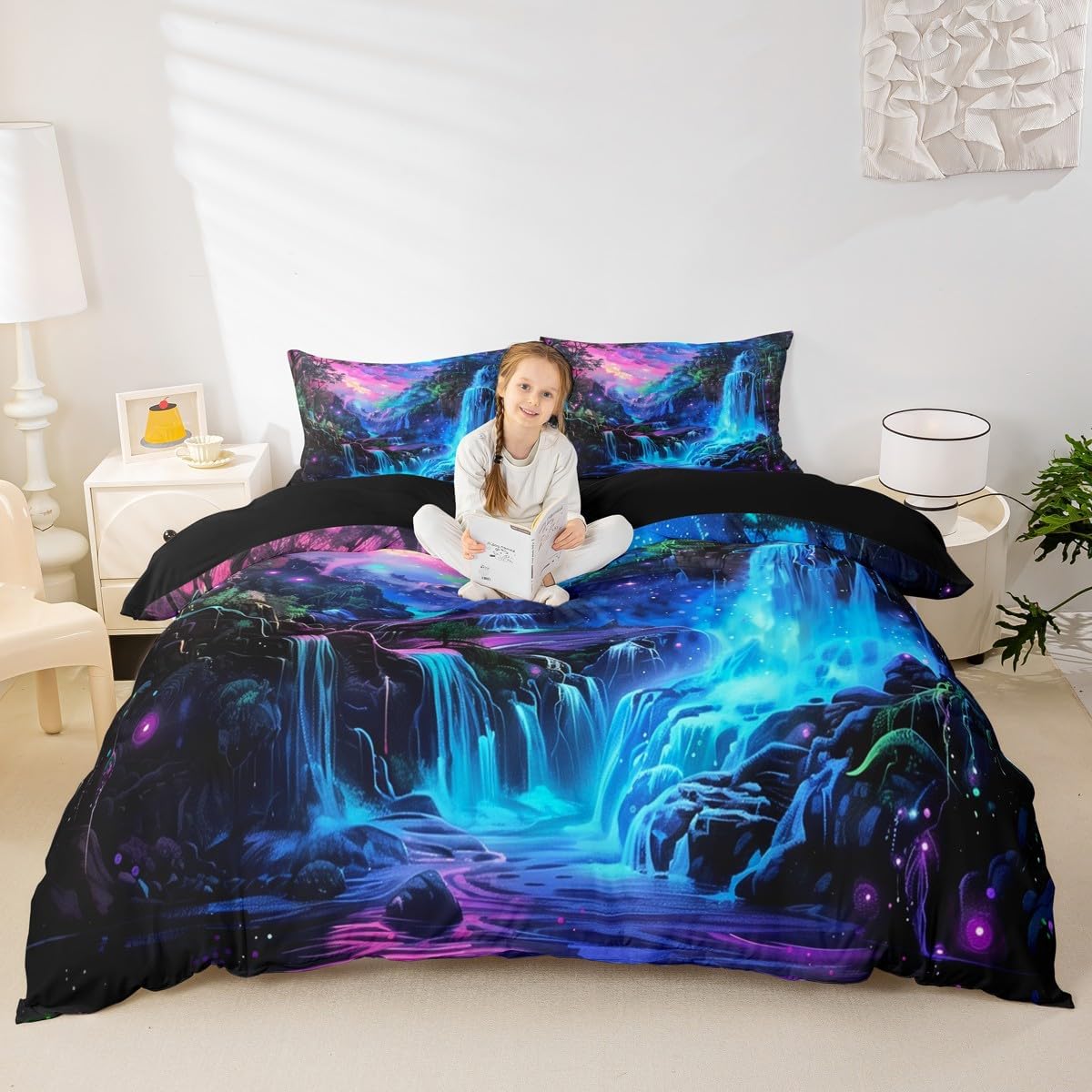 Manfei Woodland Fox Duvet Cover Set Full Size,Animal Flower Plant Kids Bedding Set,Glitter Dreamy Mysterious Room Decor,Teal Pink Quilt Cover,2 Pillowcases(No Comforter)
