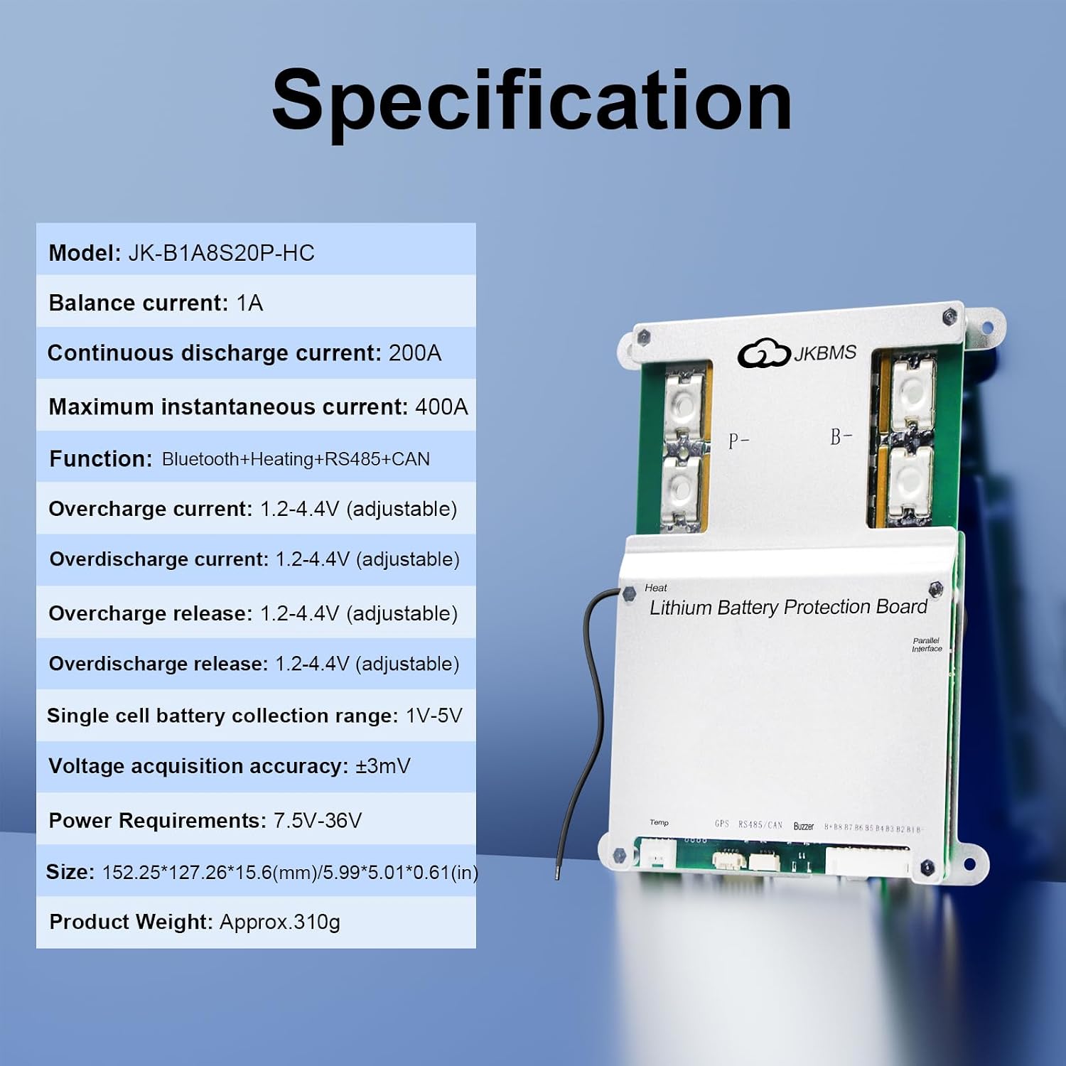 JKBMS JK-B1A8S20P-HC 4S-8S 200A Smart BMS, 1A Active Balance, CAN & Heating | High-current monitoring and inverter-ready control for RV, marine, golf cart, solar storage and backup power systems