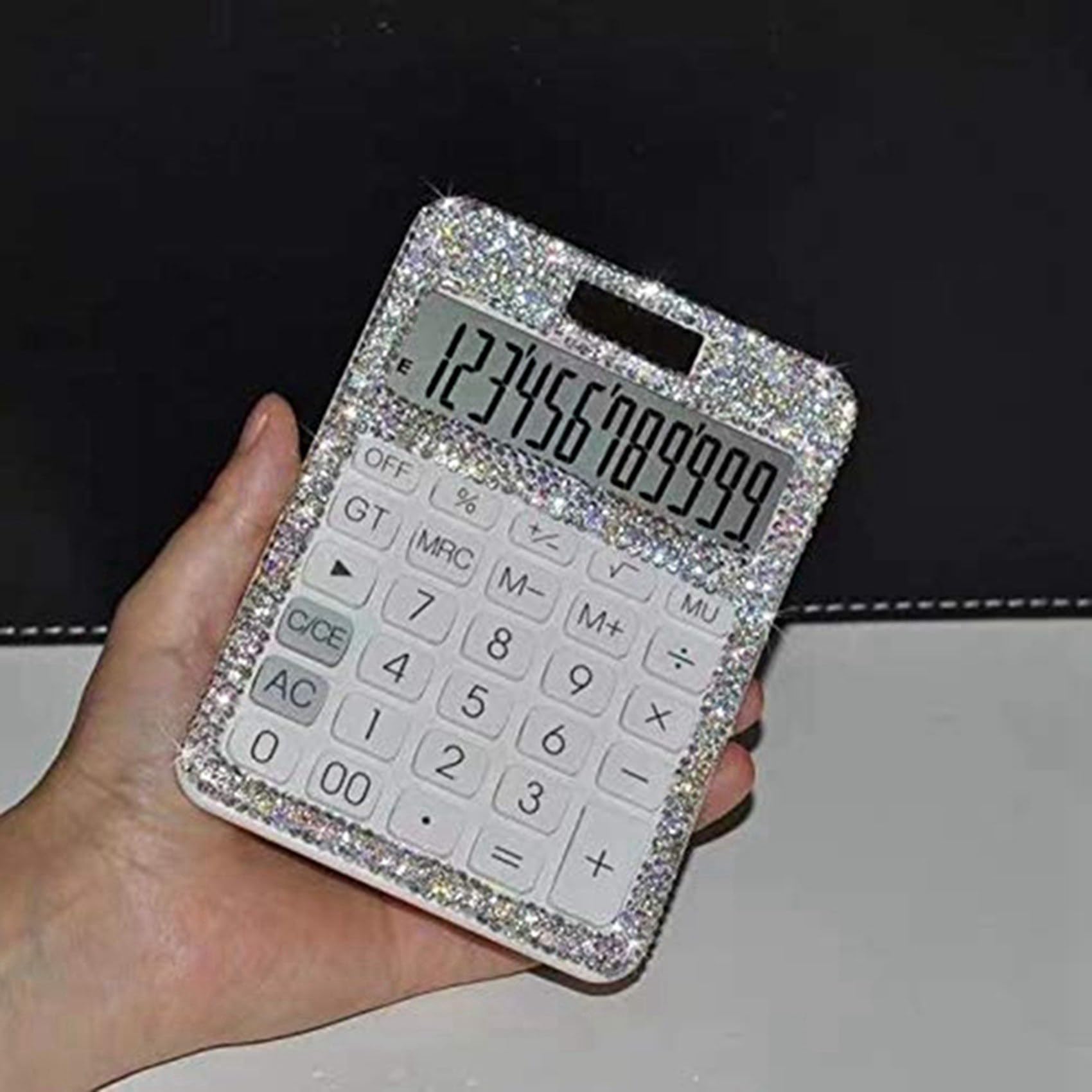 3X di Strass Abbagliante 12 Cifre Solare e Doppia Alimentazione A Batteria, Calcolatrice Display LCD per Ufficio, Bianca Scuola