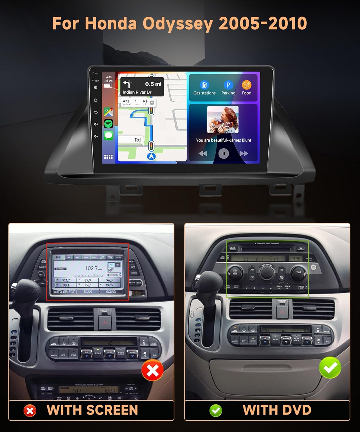 8Core 4G+64G Android 13 Car Radio for Honda Odyssey 2005-2010 Wireless Carplay Android auto GPS Navigation WiFi, Rimoody Car Stereo 10.1 Inch Touch Screen Bluetooth Mirror Link EQ Backup Camera