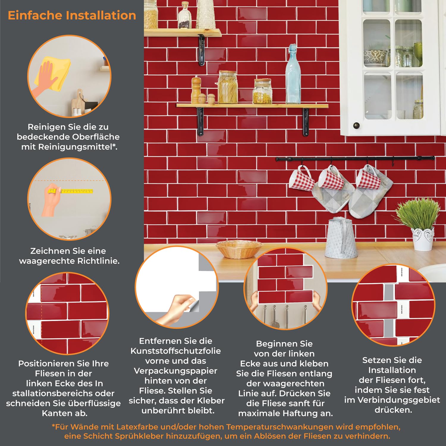 WALPLUS - Lote de 6 azulejos adhesivos de cocina, 30,5 x 30,5 cm, adhesivos de pared para cocina, extraíble, azulejos adhesivos de pared, color rojo cereza