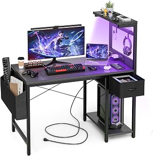 Grandder 40 Inch Gaming Desk with Power Outlet, LED Lights, Reversible Shelves & Drawer - Carbon Fiber Black PC Desk