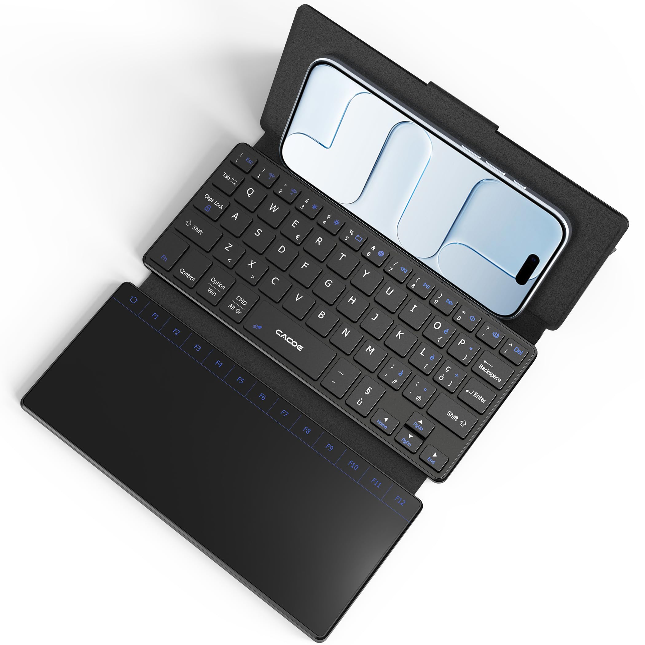CACOE Mini Tastiera Bluetooth a Doppio Canale con Touchpad | Wireless Tastiera per QWERTY, Ultra-Sottile e Portatile con Supporto per Smartphone (iOS, Android, Windows), Nera