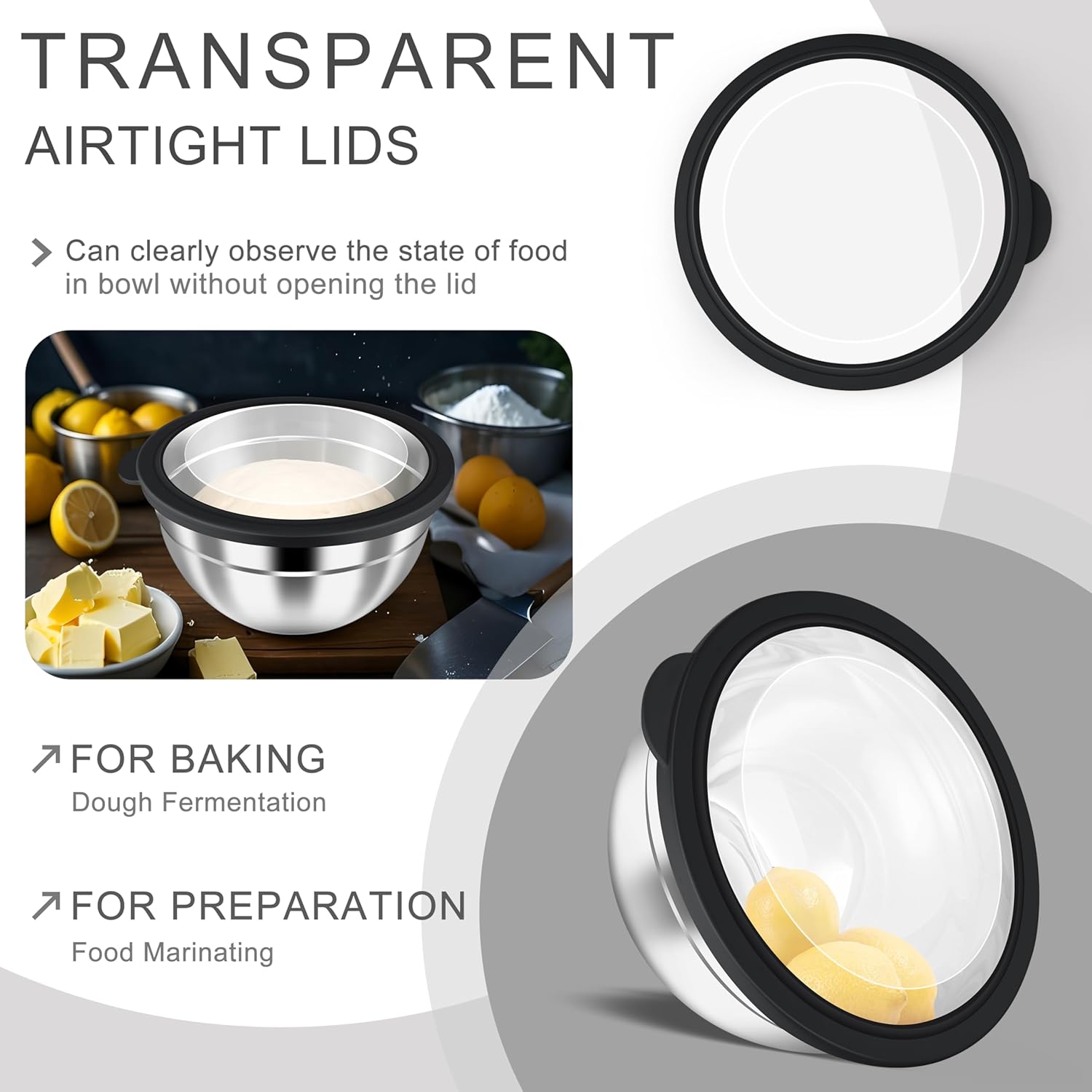 HaWare Mixing Bowls with Airtight Clear Lids, 6-Piece Stainless Steel Strong Nesting Bowls Set, Metal Salad Bowl for Cooking, Prepping, Baking, Serving & Food Storage, Size 4.6, 3, 1.5QT, Black - Image 3