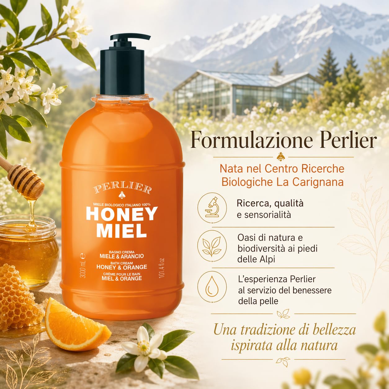 Perlier Honey Miel Bagno Crema Miele & Arancio 3 L con Dosatore – Detergente Corpo Nutriente, Profumazione Dolce e Agrumata, Pelle Morbida e Setosa, Maxi Formato