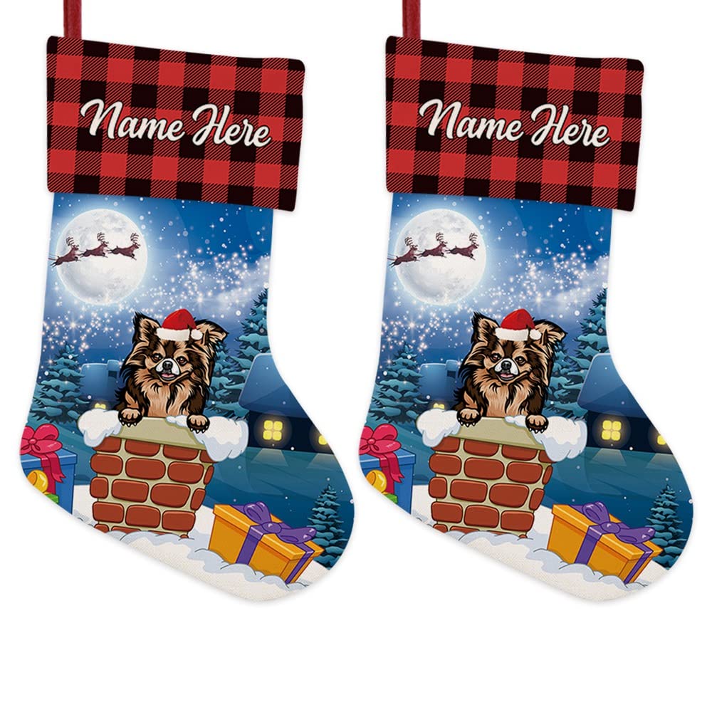 BAGEYOU 2 Pack Custom Name Christmas Stocking with Funny Dog Chihuahua in the Chimney Santa Gifts Pack for Xmas Party Holiday Decoration Christmas Tree Fireplace Hanging 14.4"
