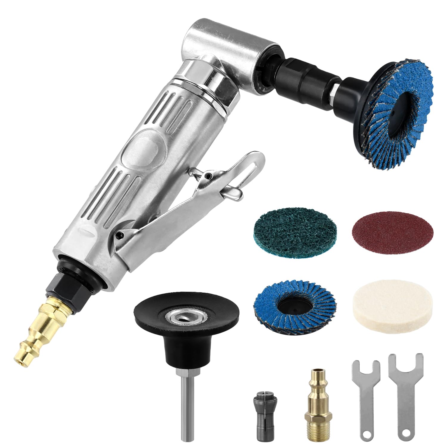 QWORK® Amoladora angular de 90° y muelas abrasivas de 50 mm - presión de funcionamiento 6,2 bar, velocidad de ralentí 12000 rpm - para pulido y esmerilado de precisión