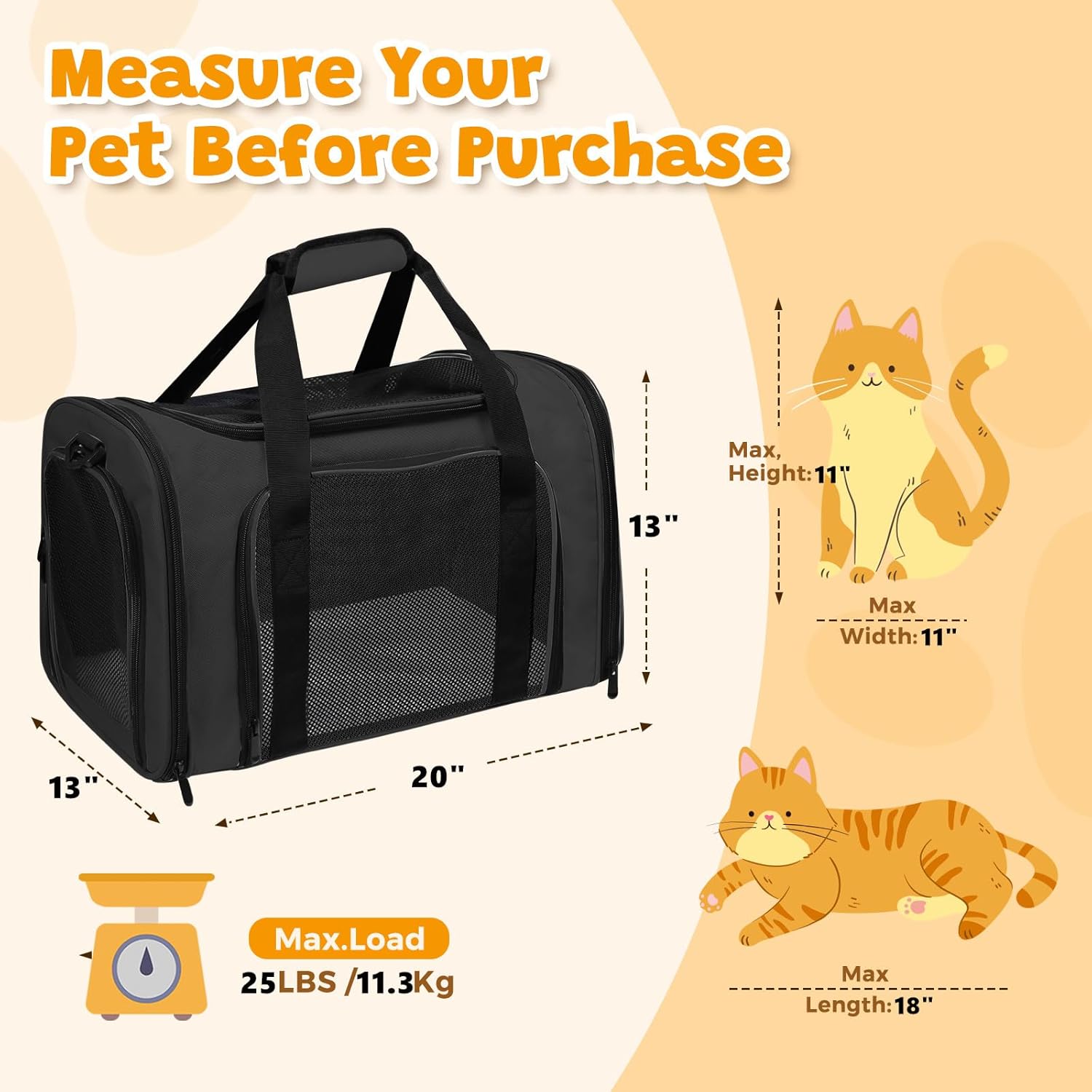 cat carrier soft for pets up to 25 lbs, cat travel bag soft-sided with padded shoulder strap, pet dog carriers for small dogs travel puppy carry airline approved, black