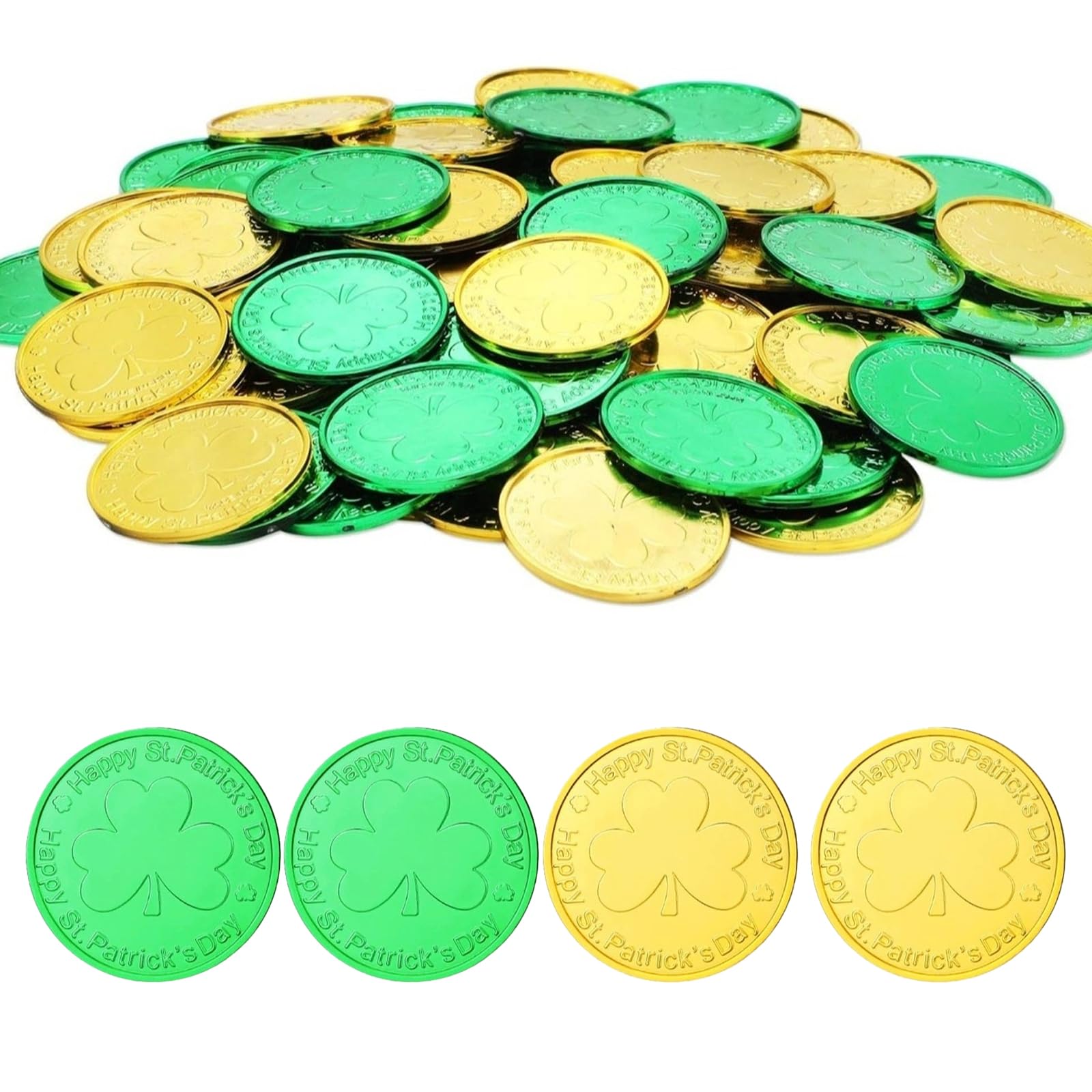 BHSTTNIXP 100PCS St. Patrick's Day Gold Lucky Coins, Plastic Shamrock Leprechaun Coins