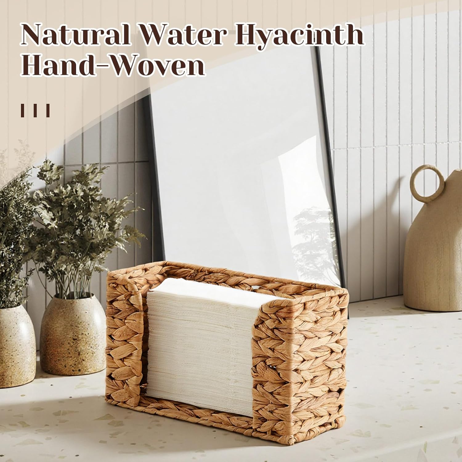 LemonRoad Water Hyacinth Guest Towel Holder for Bathroom, Handwoven Wicker Napkin Holder for Countertop, Rustic Farmhouse Paper Towel Organizer for Kitchen Vanity, Fits C-fold & Multi-fold, Natural - Image 4