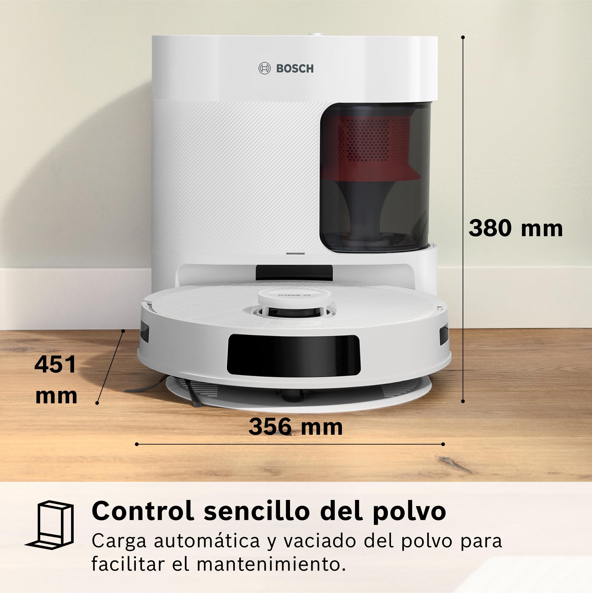 Bosch - Robot Aspirador Spotless +, aspira y friega, Potencia 11.000 Pa², Almohadilla húmeda Fija, estación Seca, Sistema Inteligente de visión por Infrarrojos, Bosch Home Connect App, Blanco, BCRD1W