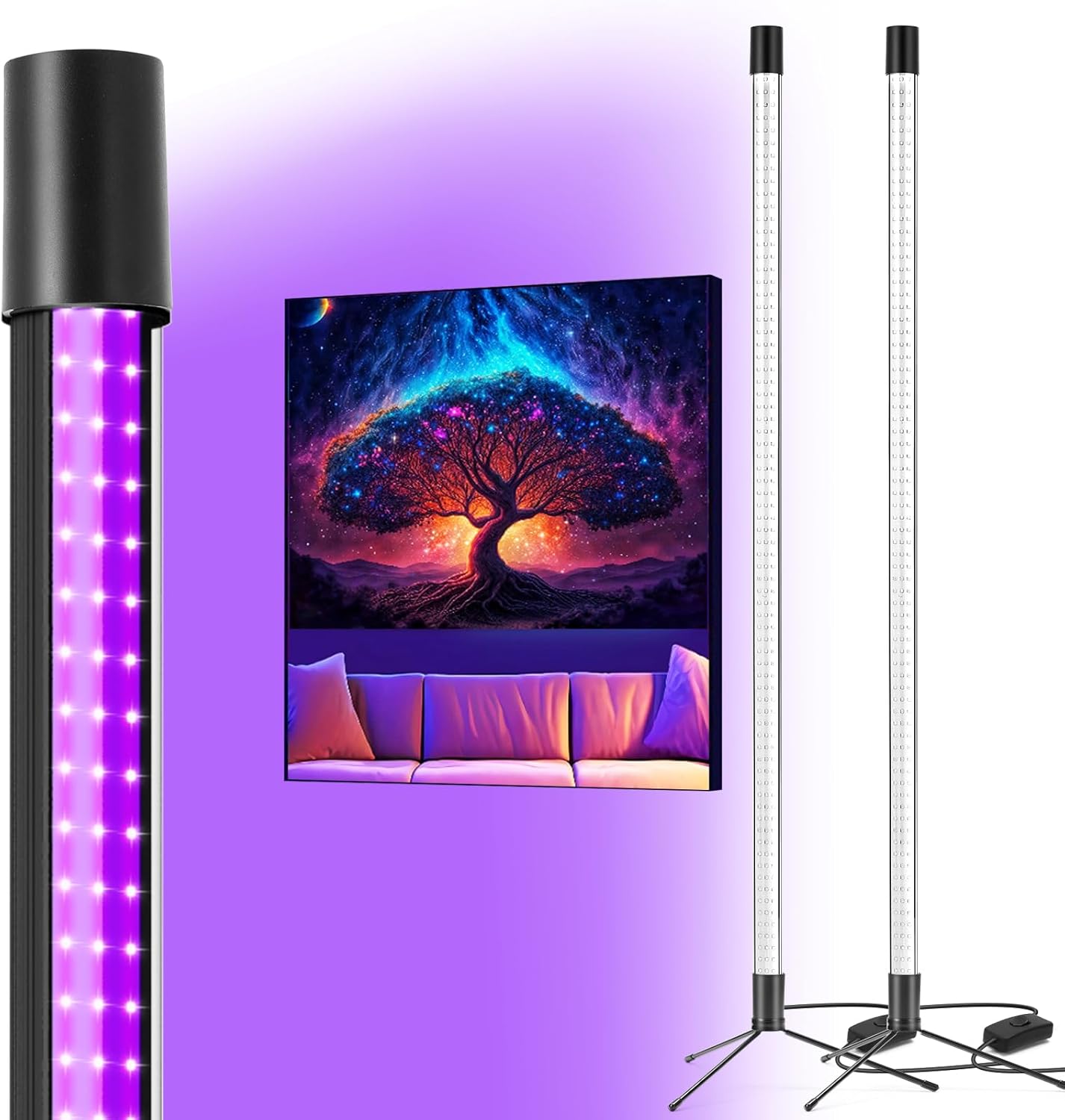 72W Black Light Bar - Upgraded 4ft Blacklight Bar 395nm to 405nm LED Black Lights Premium Floor Stand UV Light Bar with 6ft Cord, Plug, Switch for Glow Party, Halloween (2 Pack)