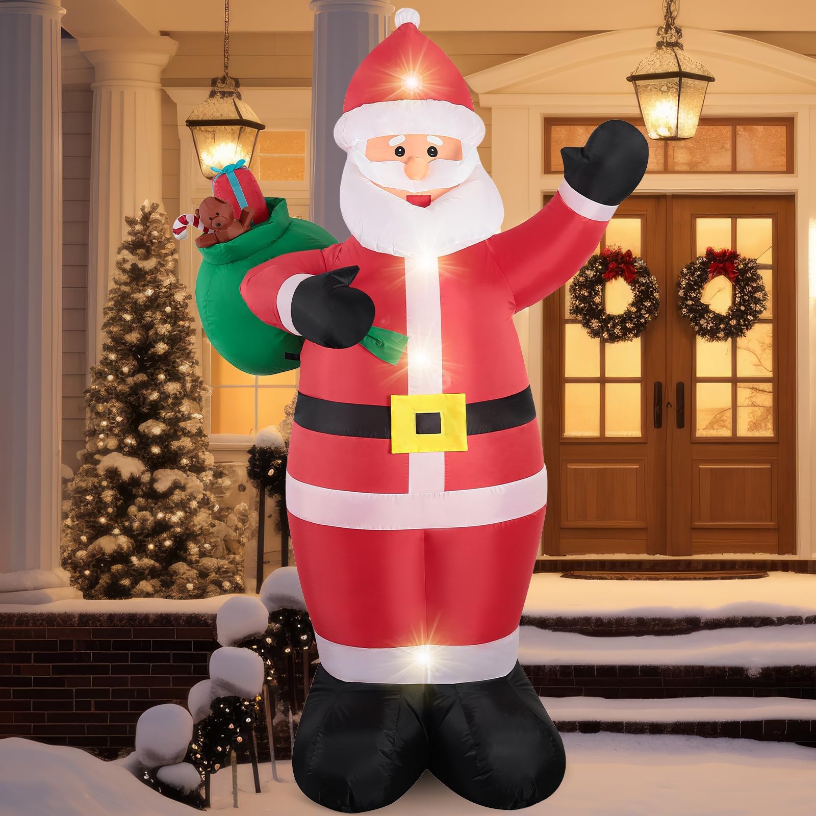 Christmas Inflatable Santa Outdoor Decorations: 8 FT Santa Claus With Green Gift Bag-Decor Built-in LED Lights, IP44 Weatherproof, Blow Up Yard Decoration for Christmas Holiday Garden/Yard Decorations