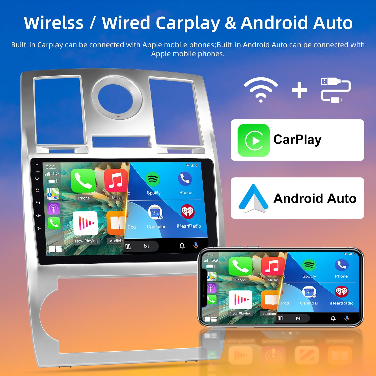 8 núcleos 4 + 64G Androd Car Stereo para Chrysler 300C 300 2005-2009 - Radio con Pantalla táctil de 9 Pulgadas con Carplay y Android Auto - WiFi GPS SWC DSP + Cámara de Seguridad y micrófono