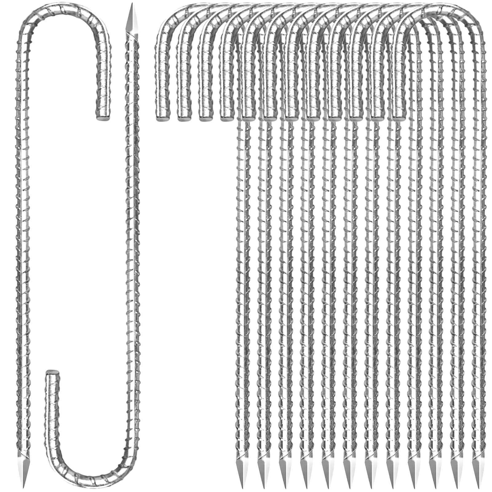 16 Inch J Hook Rebar Stakes, 14 Pack Chain Link Fence Stakes, Galvanized Steel Ground Anchors for Trampolines Camping Tents Canopies Sheds Swing Garden
