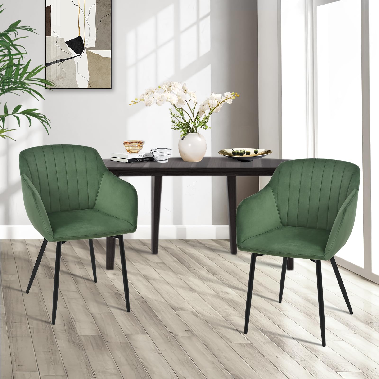 Goeurvant Set di 6 Sedie Imbottita Sala da Pranzo con Braccioli Sedie da Cucina in Velluto con Gambe in Metallo, Verde
