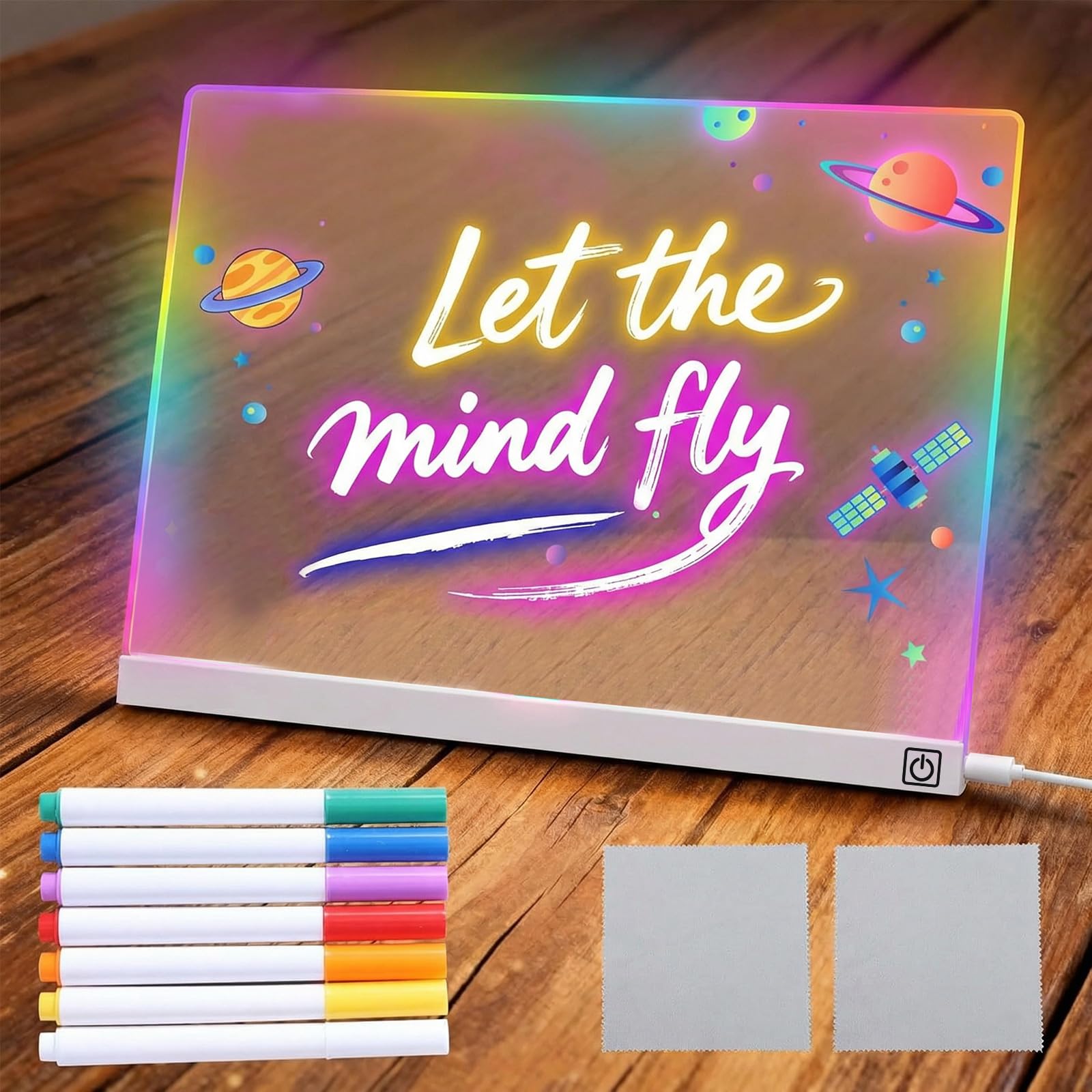 Led Drawing Board for Children - LED Magic Board with 7 Colors Pen and Rag, 30 * 20CM, 7-Color Neon Glow Memo Light-Up Message Note Board with Stand as Night Light (White Base)