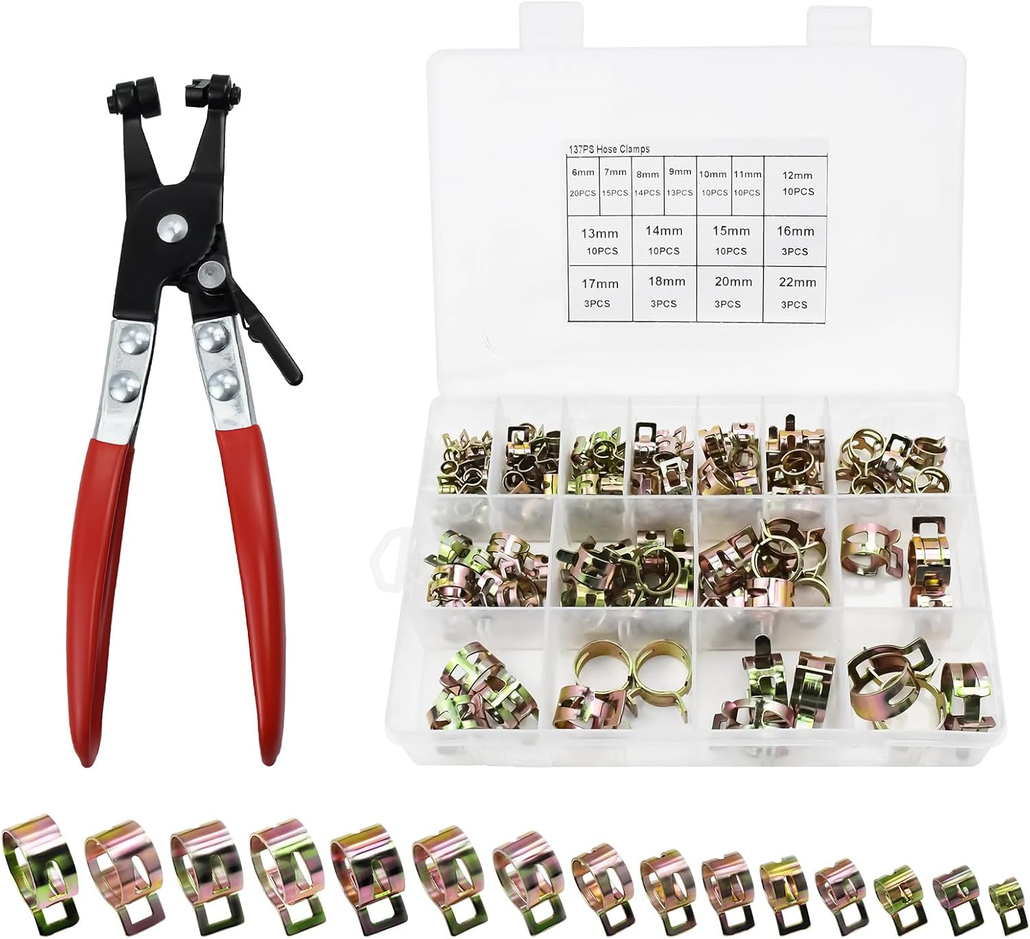 137-Piece Spring Hose Clamps Assortment Kit with Pliers, 7-22mm Metallic Swivel Flat Band Fuel and Vacuum Pipe Clamps for Low Pressure Air