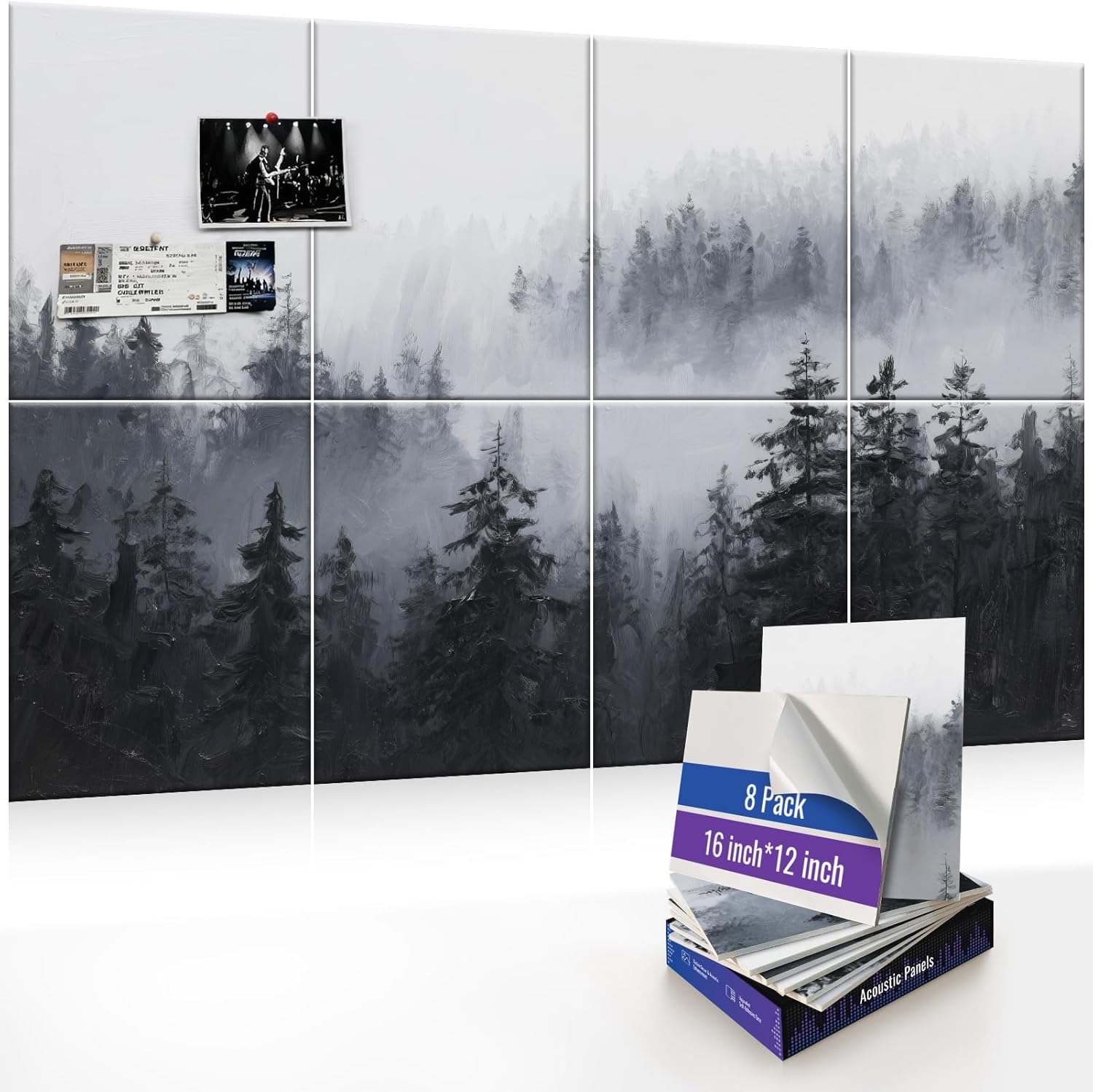 8 Pack Art Acoustic Panels, Decorative Wall Panels, 47.2"x31.4" Self-Adhesive Sound Absorbing Panels for Home, Office, Recording Studio (Misty Forest)