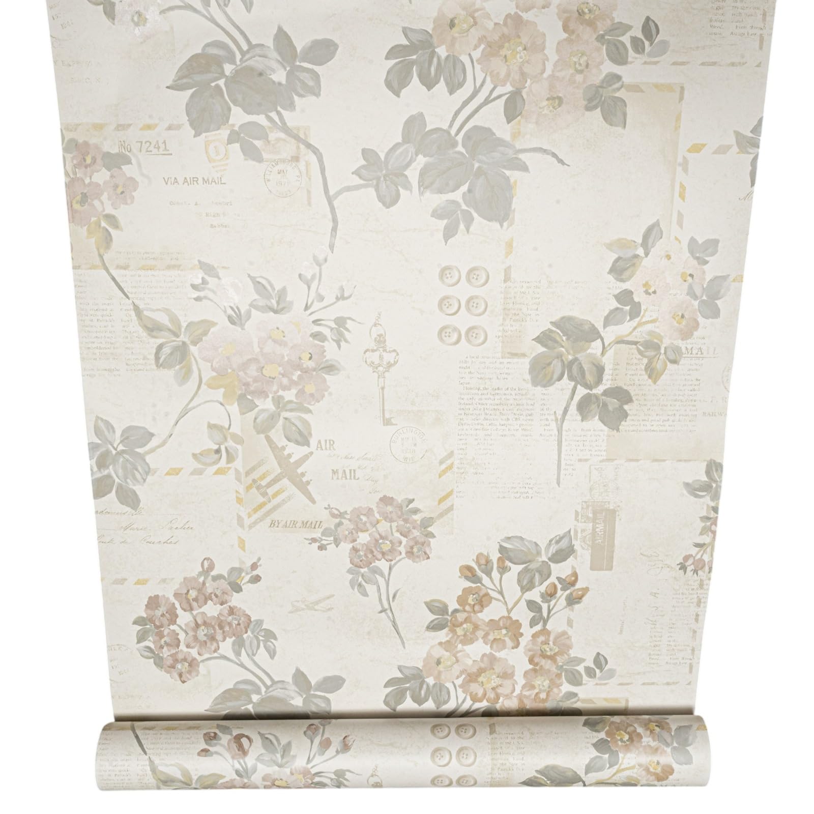 Sophie Laurence Cream, Beige, Grey, Taupe Cream Beige Floral Wallpaper With Vintage Postcards, Stamps, Words, Buttons, And Keys Design – Art Deco, Paste The Paper, Wet Removable, 10.05M X 0.53M