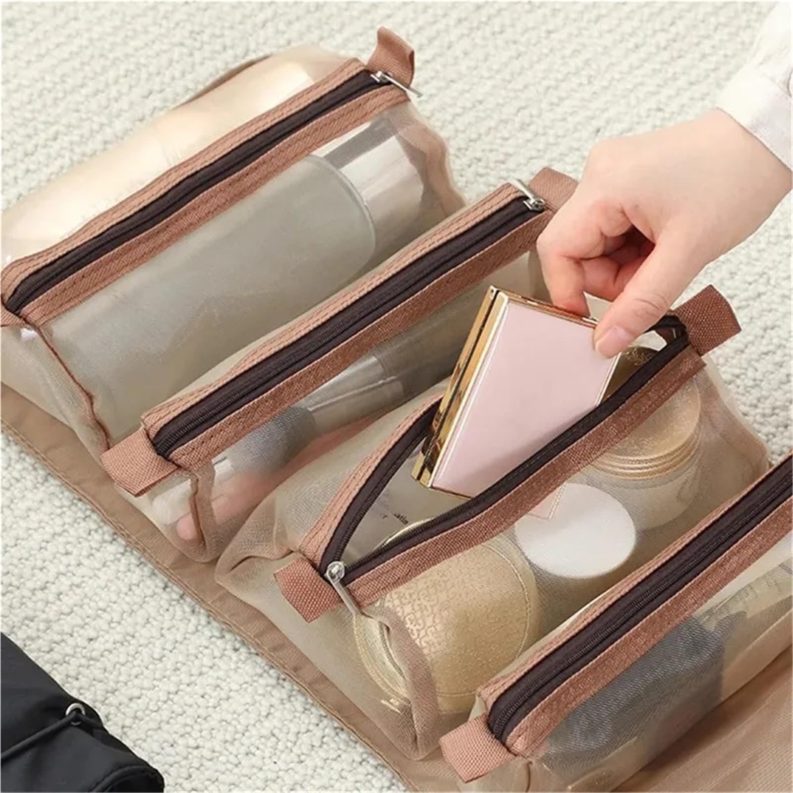 Bolsas de Maquillaje portátiles 4 en 1 Gran Capacidad, 2 uds., Bolsa Aseo Plegable portátil for Almacenamiento cosméticos Viaje, Desmontable para Viajar(Pink)