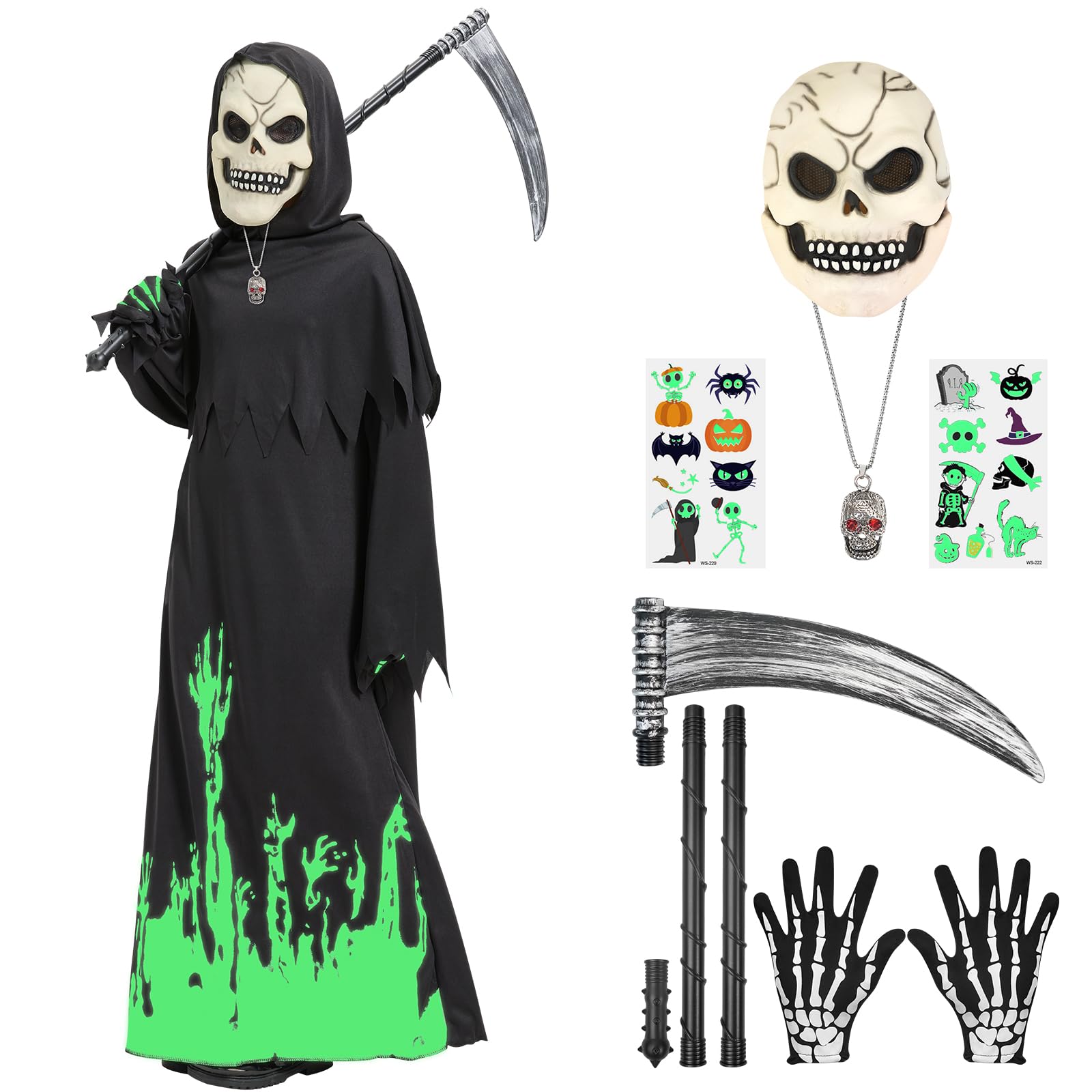 Joozmui Halloween Costumes Grim Reaper Costume Kids Boys Glow In The Dark Halloween Costumes for Kids Boys (5-8 Years) - Image 3