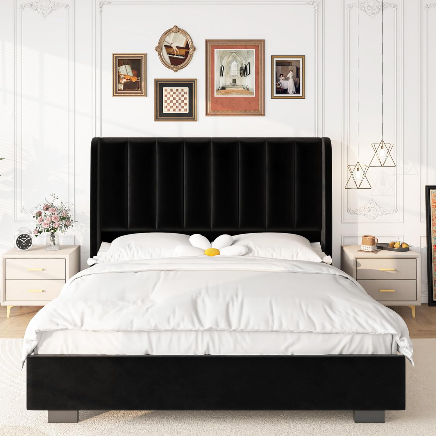 51" Tall Headboard Lift Up Bed Frame, Queen Size Bed Frame with Storage Underneath, Velvet Wingback Design, No Box Spring Required, Wood Slats Support, Noise-Free Bed (Queen,Black)